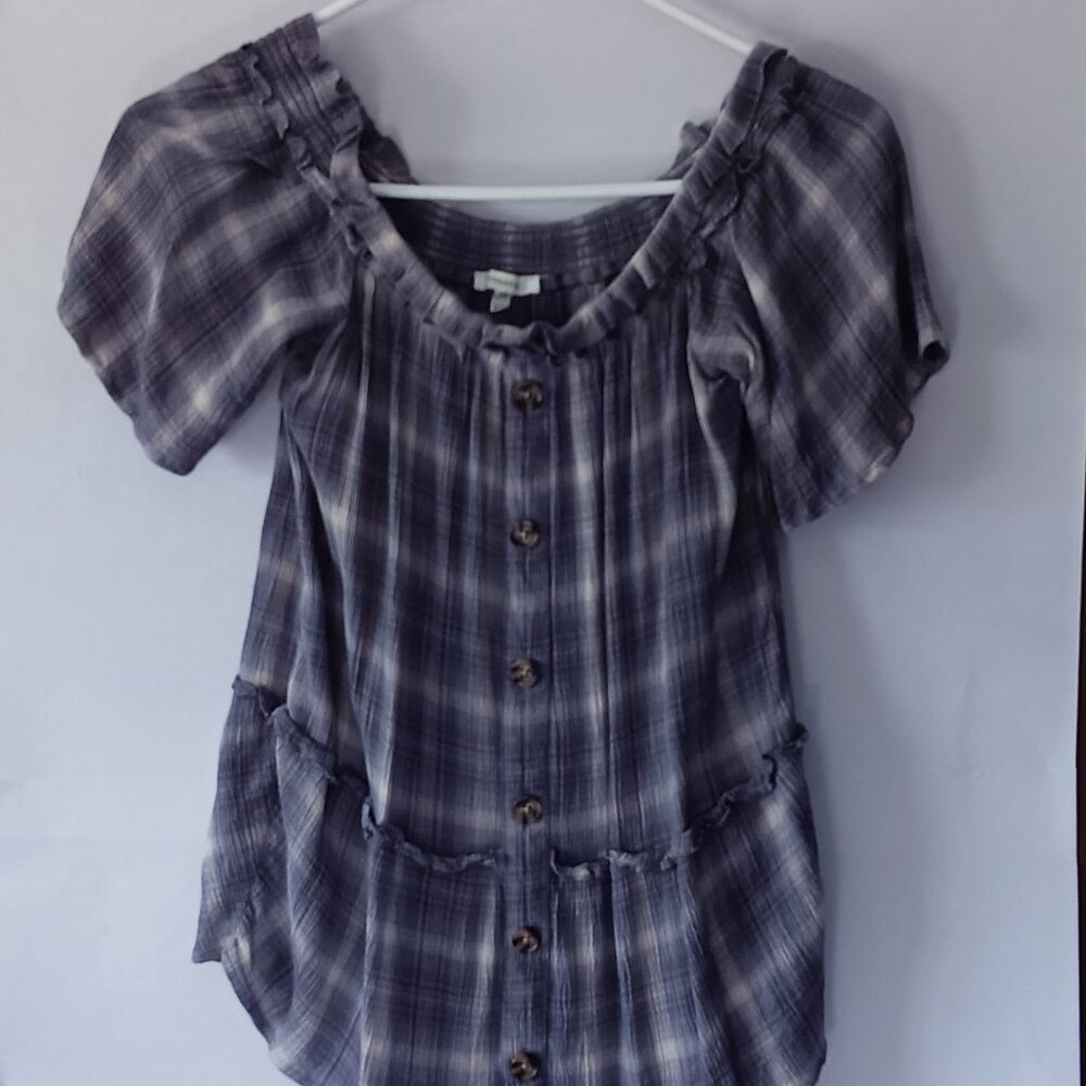 MAURICES Blue and White Plaid Off the Shoulder Blouse Size XS